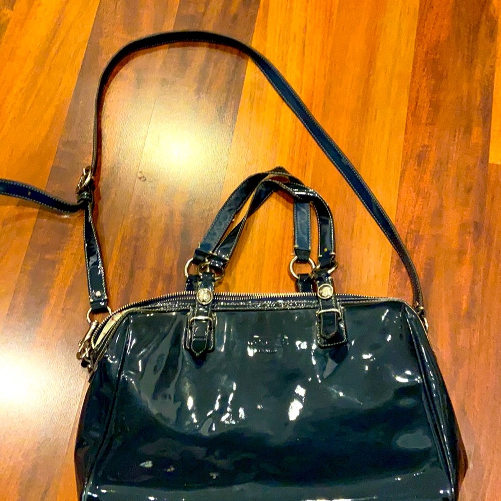 Blue patent coach bag